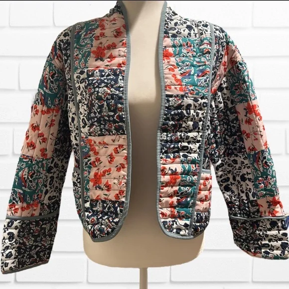 Warm Trendy Quilted Jacket Open Front Multi-Color All-Over Floral Print Small - Picture 14 of 16
